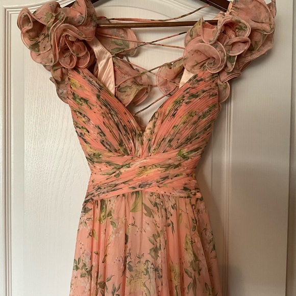 Mac Duggal Pink Peach Ruffle Tiered Floral Cut-Out Chiffon Gown sz 4 NEW - Picture 6 of 14